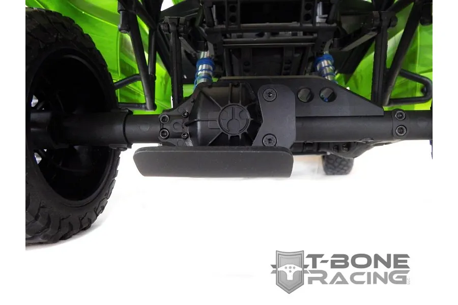 T-Bone Racing black skid plate installed on the rear differential of an Axial Yeti Score RC truck.