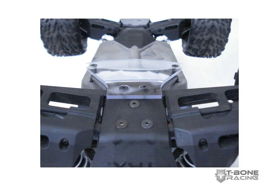 A clear T-Bone Racing servo guard installed on the front chassis of a Traxxas Stampede 4x4 RC vehicle.