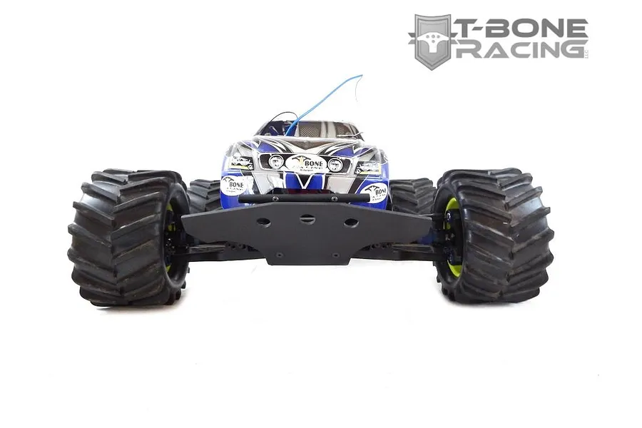 Front view of a Traxxas E-Maxx RC monster truck equipped with a black T-Bone Racing front bumper and chassis brace, set against a white background.