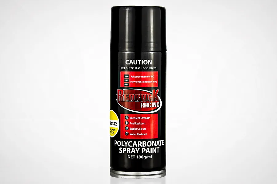 A 180ml can of Redback Racing Translucent Yellow Polycarbonate spray paint against a white background.