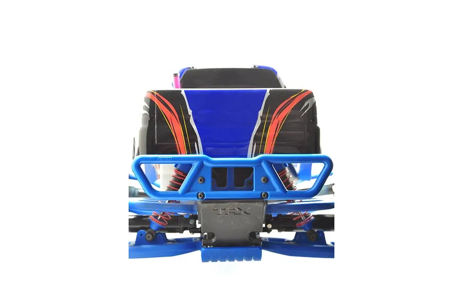 A blue RPM rear bumper installed on the back of a Traxxas E-Maxx RC truck, viewed from directly behind.