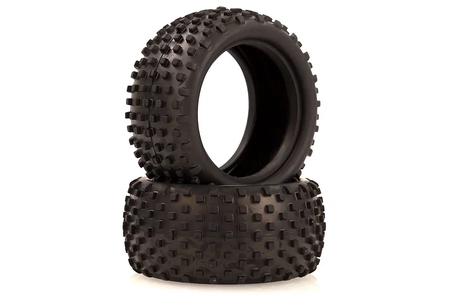 Two black rubber RC buggy tyres with a square pin tread pattern, stacked one on top of the other against a white background.
