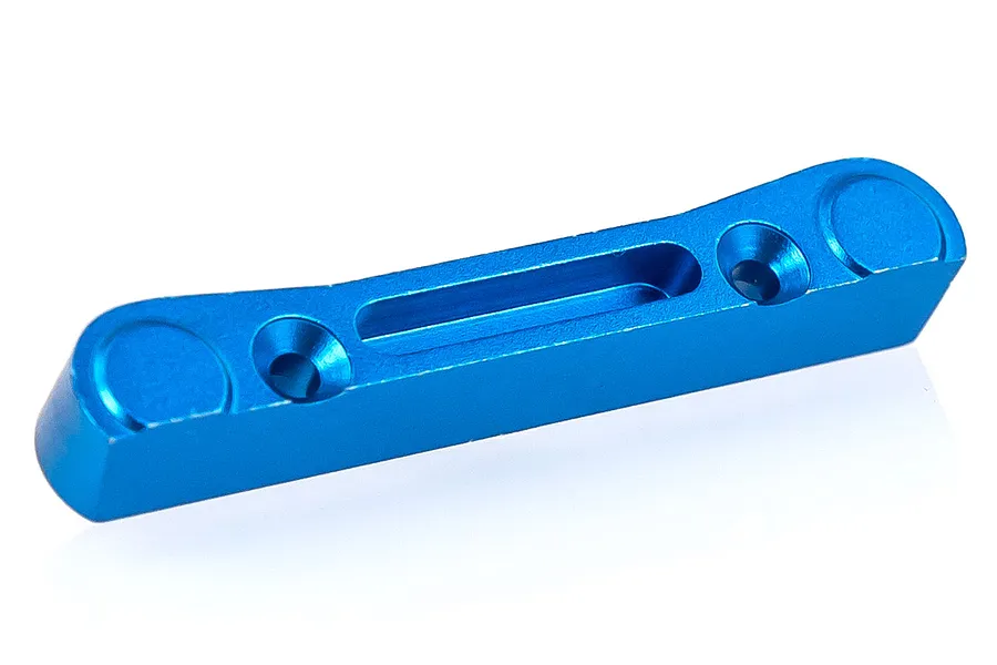 A blue anodized aluminium front lower suspension arm pin mount for an RC car, shown against a white background.