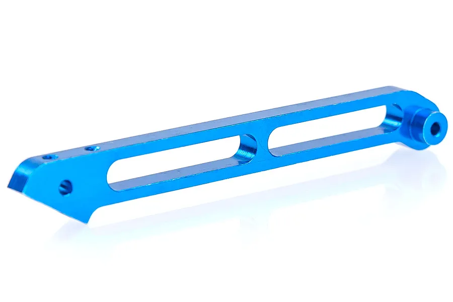A blue anodized aluminium rear chassis brace for an RC car, featuring a lightweight skeletonized design with mounting holes.