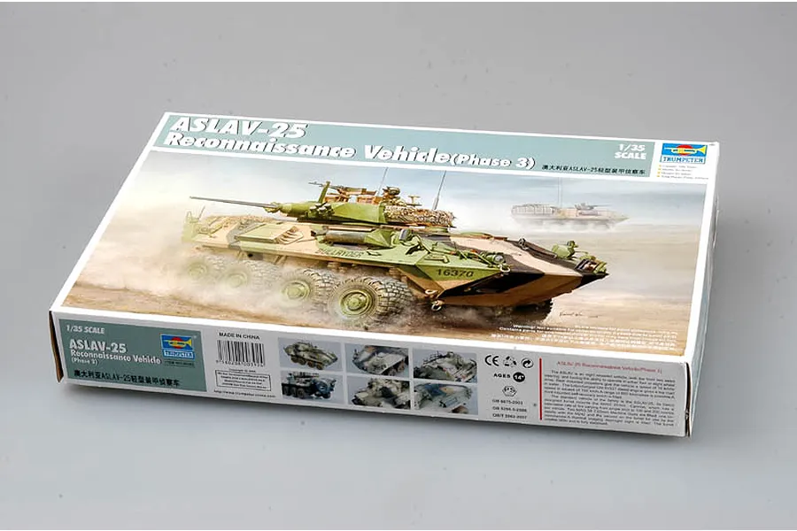 Trumpeter 1/35 scale ASLAV-25 Reconnaissance Vehicle model kit box showing artwork of the vehicle in a desert environment.
