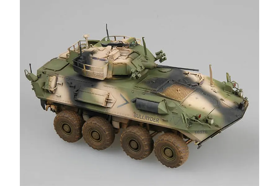 A 1/35 scale model of an Australian ASLAV-25 armoured vehicle, painted in green, tan, and black camouflage with the name BULLRYDER on the side.
