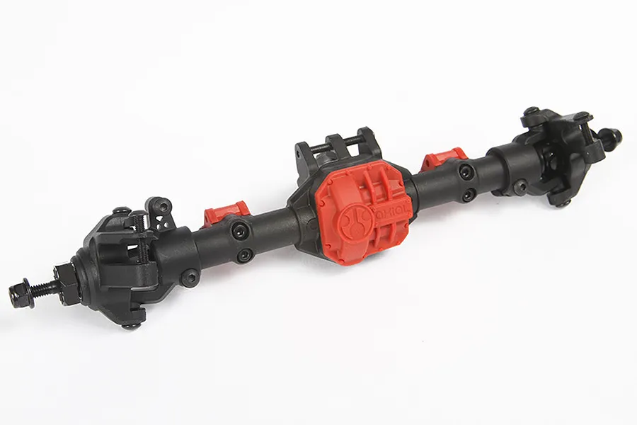 Axial AR44 complete locked axle assembly featuring a black housing with a bright red differential cover and red link mounts.
