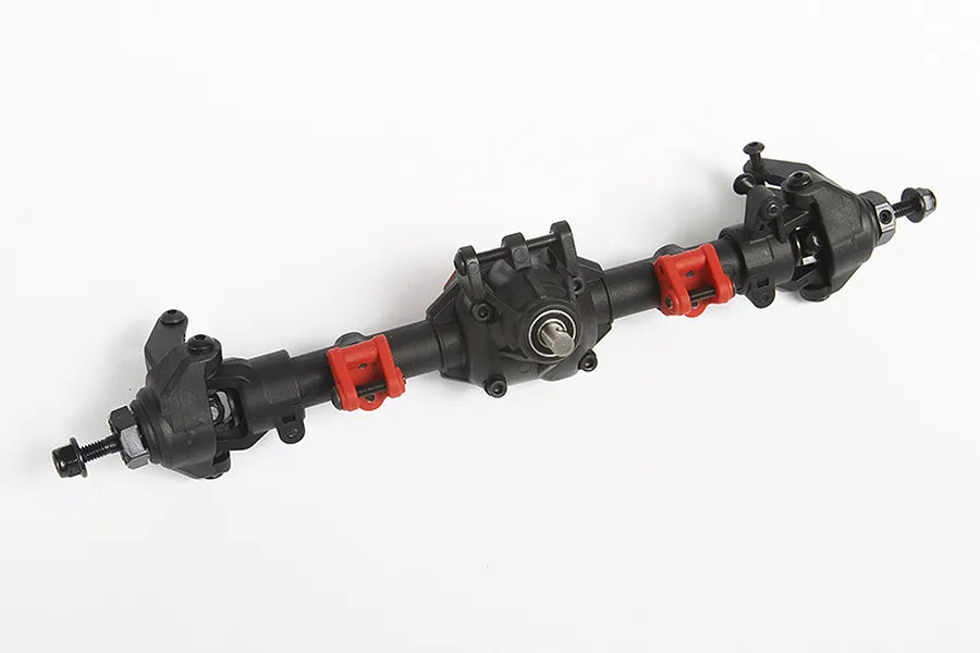 A black Axial AR44 front axle assembly for RC cars with red link mounts against a white background.