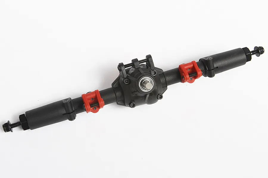 Axial AR44 complete locked axle assembly featuring a black housing with red link mounts against a white background.