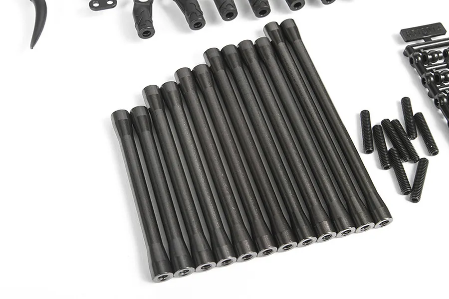 A set of black aluminium suspension links for an Axial SCX10 II RC crawler, arranged on a white background with threaded rods and plastic parts.