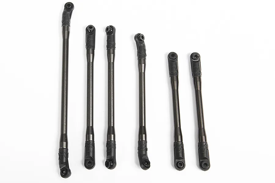 A set of six grey aluminium suspension links for an Axial SCX10 II RC crawler, arranged vertically on a white background.