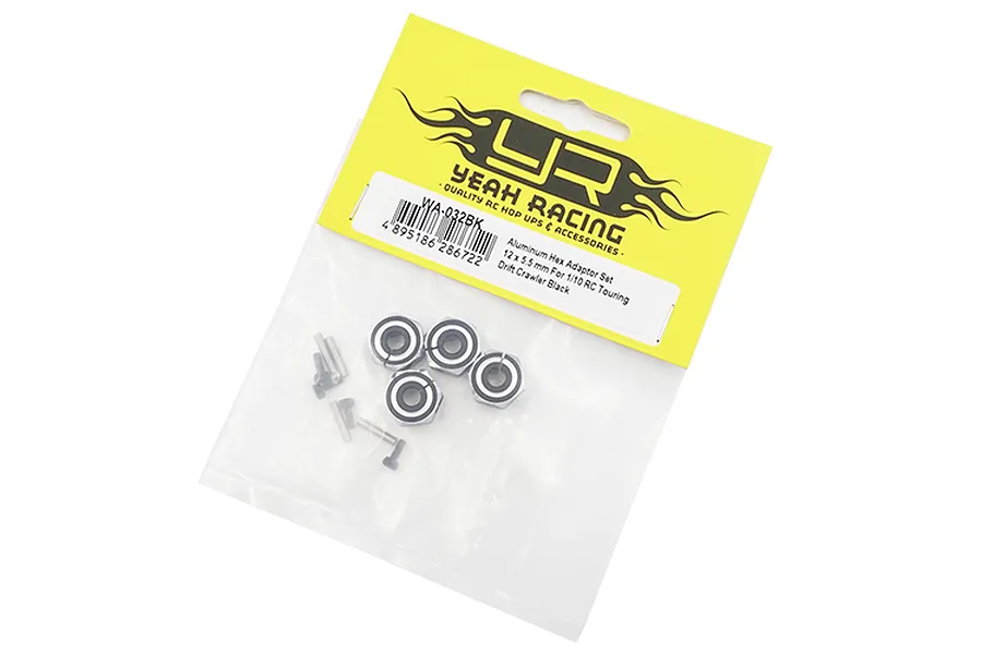 Yeah Racing 12mm black aluminium wheel hexes in original yellow and clear plastic packaging.