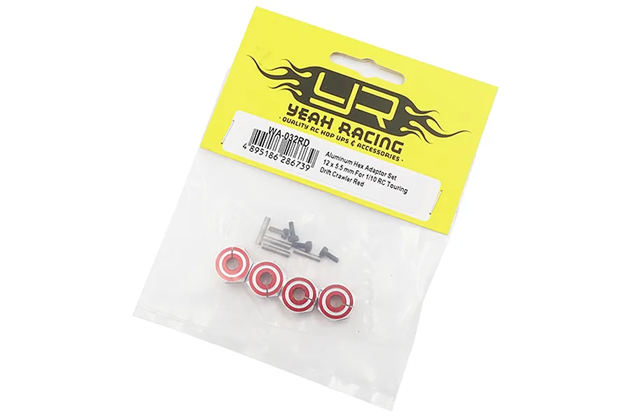 Yeah Racing red aluminium 12mm wheel hexes in original packaging with included pins and screws.