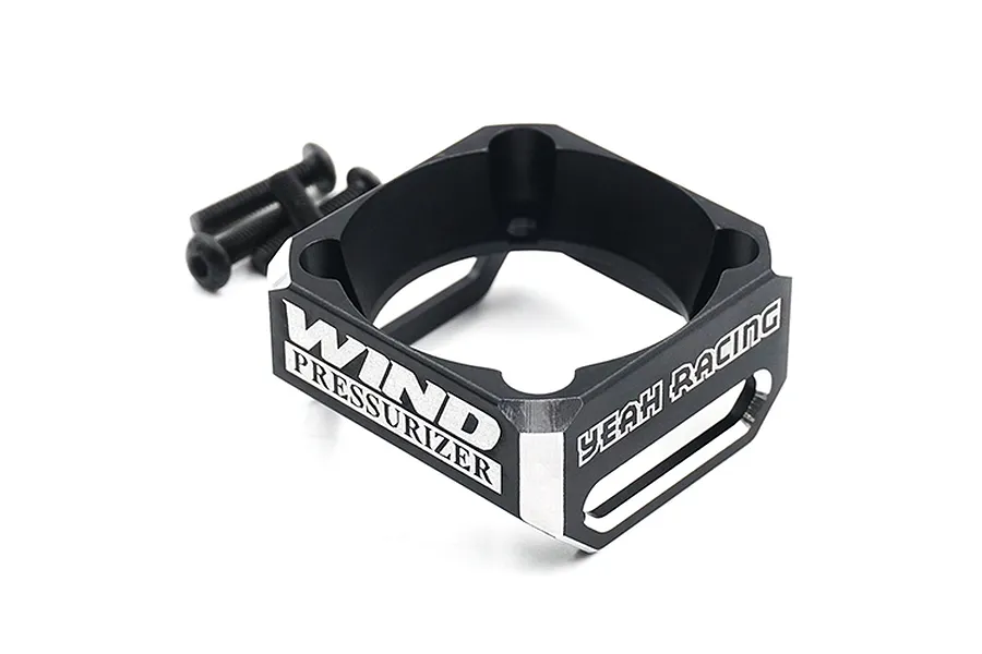 A black aluminium Yeah Racing cooling fan booster shroud with mounting screws on a white background.