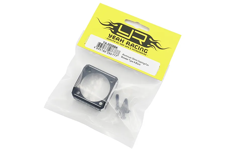 Yeah Racing black aluminium Type A 30mm cooling fan booster in original retail packaging with mounting screws.