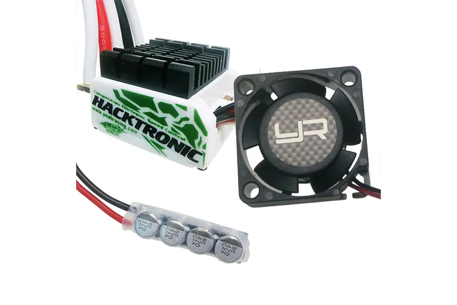 Yeah Racing Hacktronic-C brushless ESC with cooling fan and capacitor bank on a white background.