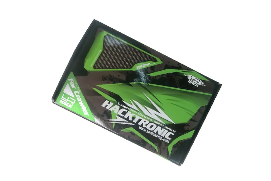 Packaging for the Yeah Racing Hacktronic-C Crawler 120A Brushless Sensored ESC, featuring green and black branding.