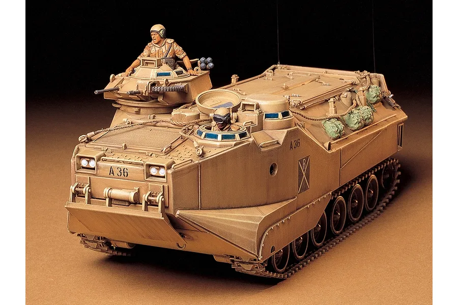 A fully assembled and painted 1/35 scale model of a Tamiya U.S. AAVP7A1 Assault Amphibian Vehicle with two crew figures.