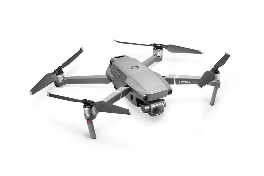 A grey DJI Mavic 2 Pro foldable camera drone shown from a high-angle perspective against a white background.