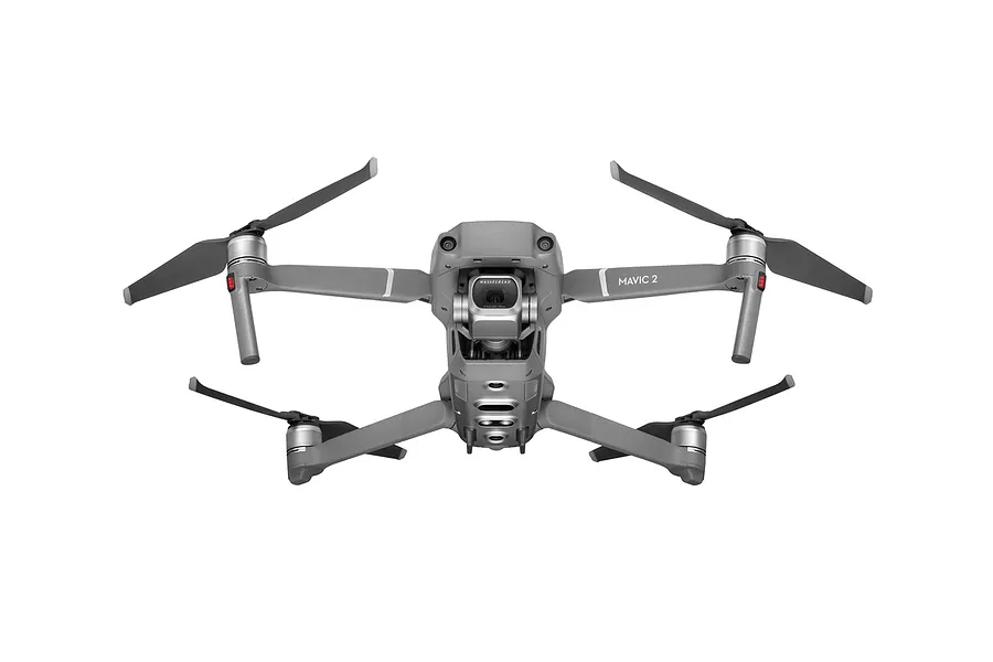 A top-down view of a grey DJI Mavic 2 Pro drone with its arms extended and propellers attached, isolated against a white background.