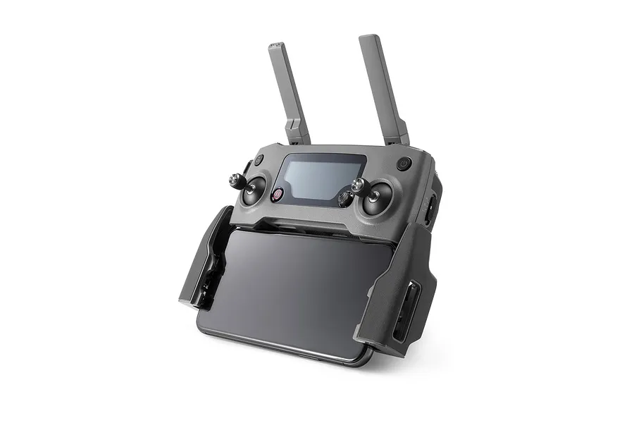 DJI Mavic 2 series remote controller with a smartphone mounted in the holder against a white background.