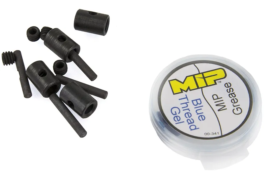 MIP X-Duty Driveline Rebuild Kit including various black metal pins, couplers, set screws, and a small container of MIP grease and thread gel.