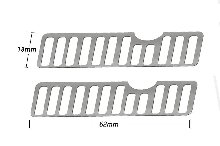 Two stainless steel fender vents for an RC car, shown with dimension lines indicating 18mm height and 62mm length.