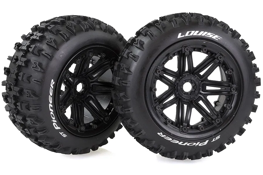 Two Louise ST-Pioneer RC monster truck tyres mounted on black multi-spoke beadlock-style rims, shown against a white background.