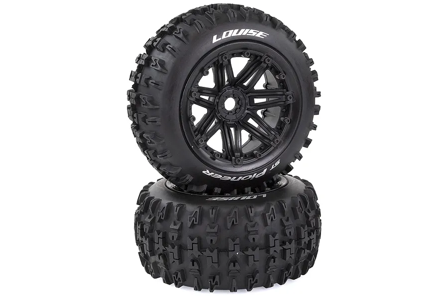 Two Louise ST-Pioneer RC monster truck tires mounted on black multi-spoke beadlock-style rims, stacked vertically against a white background.