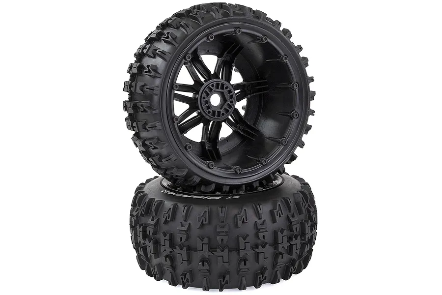 Two Louise ST-Pioneer RC monster truck tyres mounted on black multi-spoke beadlock-style wheels, stacked vertically against a white background.