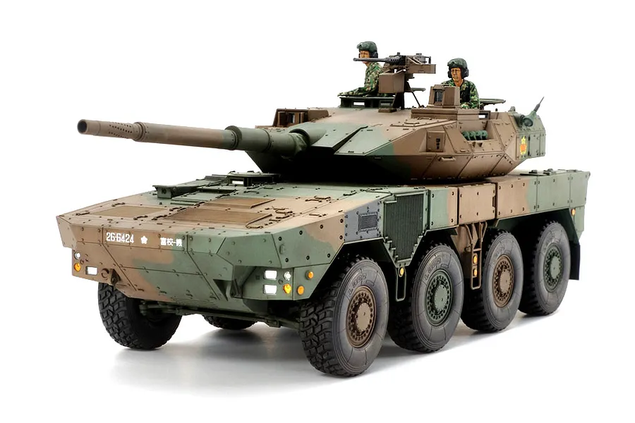 A fully assembled and painted Tamiya 1/35 scale JGSDF Type 16 Maneuver Combat Vehicle model kit on a white background.