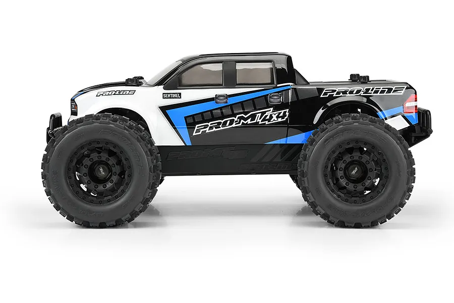 Side profile of a Pro-Line PRO-MT 4x4 RC monster truck with a black and white body, blue accents, and large off-road tires on a white background.