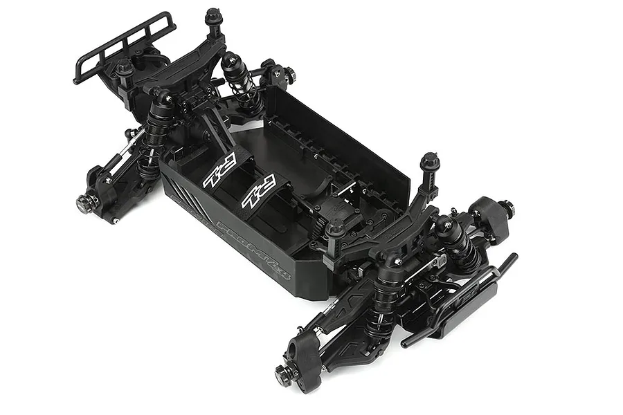 High-angle studio shot of a Pro-Line PRO-MT 4x4 1/10 scale RC monster truck roller chassis on a white background.