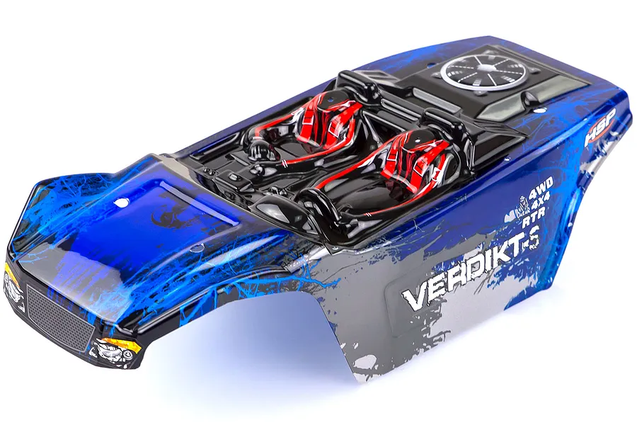 A blue and grey pre-painted RC rock racer body shell for the HSP Verdikt-S, featuring a detailed cockpit interior with two seats.