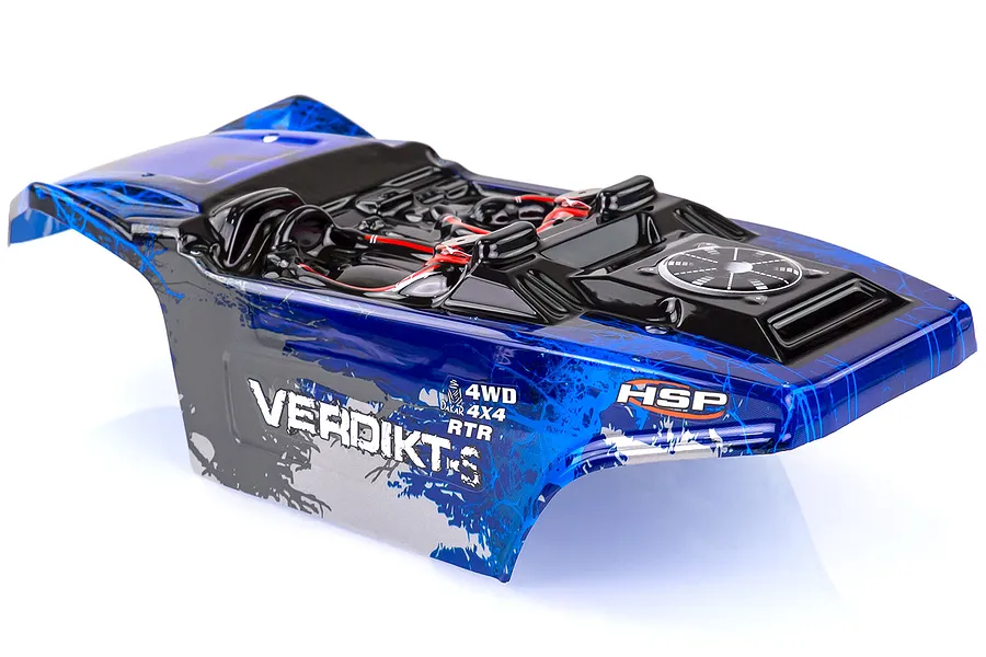 A blue and black pre-painted RC body shell for the HSP Verdikt-S rock racer, featuring a detailed cockpit interior and sponsor decals.