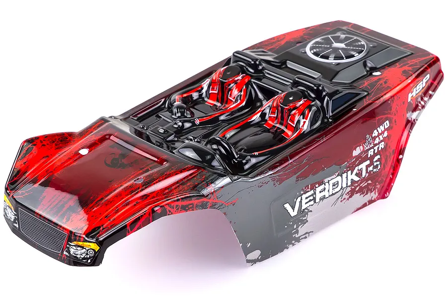 A pre-painted red and grey HSP Verdikt-S rock racer RC body shell featuring a detailed cockpit interior with two seats against a white background.