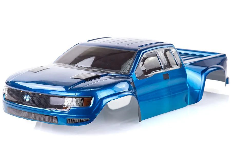 A pre-painted blue RC short course truck body shell with black window decals and an HSP logo on the front grille.