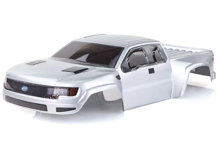 A silver pre-painted short course truck body shell for an RC car, featuring black window decals and an HSP logo on the front grille.