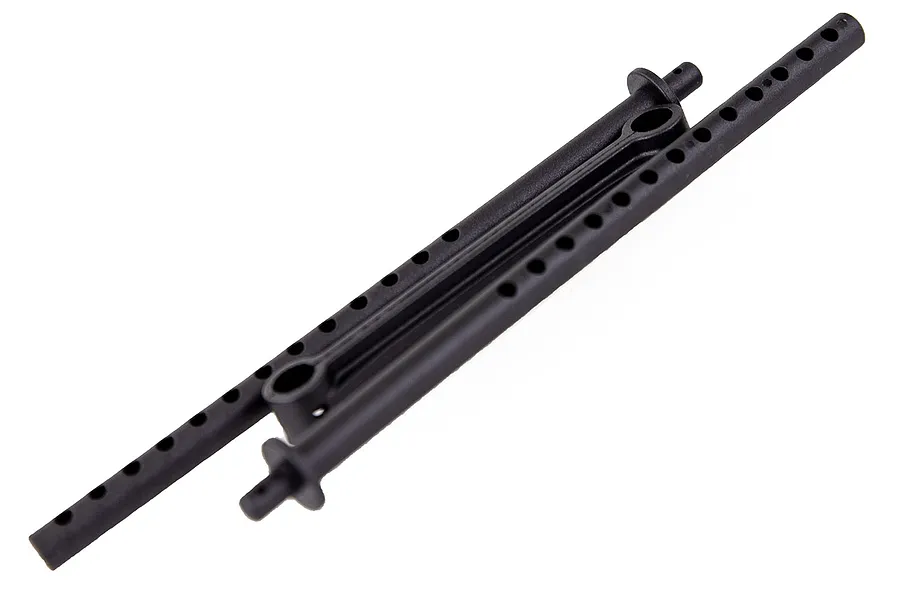 A pair of black plastic rear body posts for an HSP RC car, featuring multiple adjustment holes along the length.