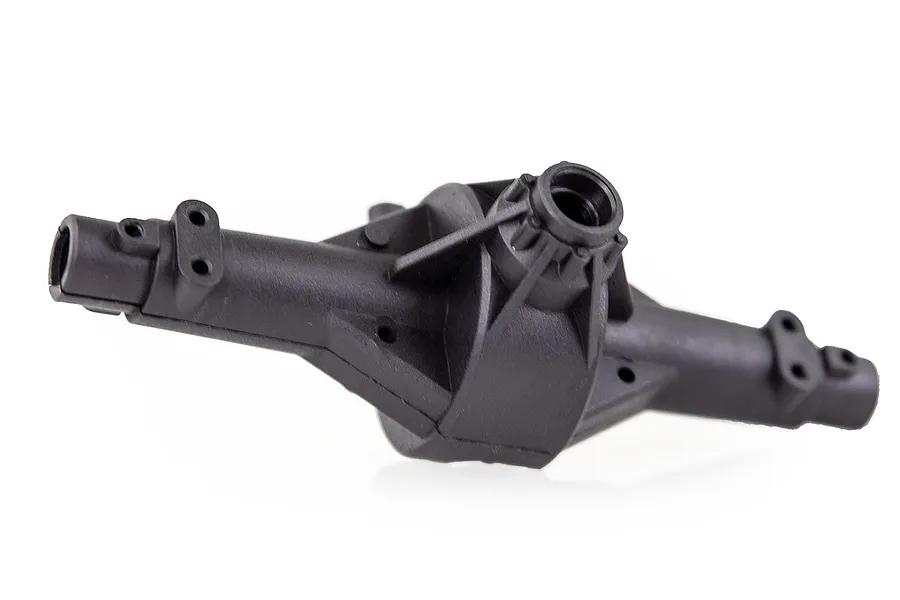 A black plastic rear solid axle housing for an RC car, shown against a white background.