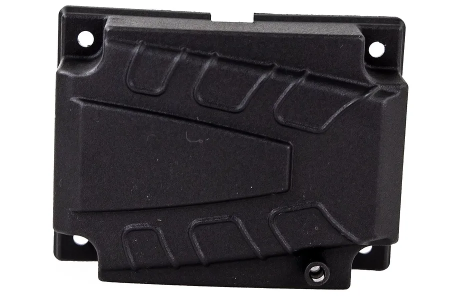 A black plastic radio box cover for an RC car, featuring a textured design and mounting holes at the corners.