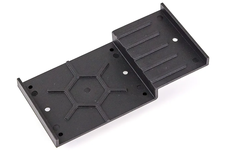 A black plastic radio box chassis plate for an HSP RC car, featuring a stepped design with mounting holes and a hexagonal reinforcement pattern.
