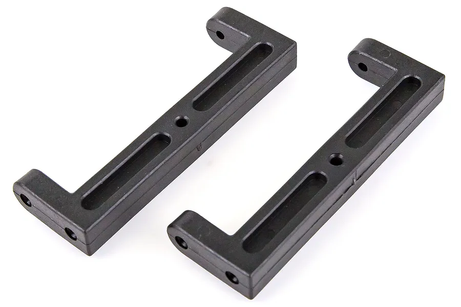 Two black plastic HSP chassis braces shown from an angled top-down perspective against a white background.