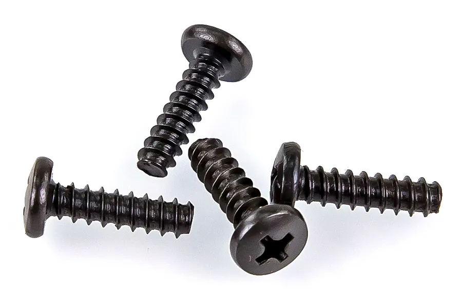 Four black metal button head screws with coarse threads arranged on a white background.