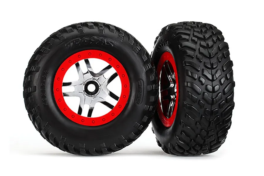 Traxxas 2.2/3.0&amp;quot; Off Road Tyres on Satin Chrome/Red Rims - Glued Wheels 2Pcs image 35522