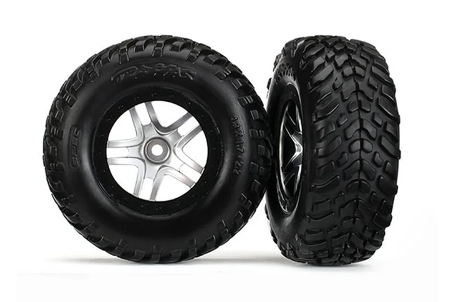 Traxxas 2.2/3.0&amp;quot; Off Road Tyres on Satin Chrome/Black Split-Spoke Rims - Glued Wheels 2Pcs image 35525