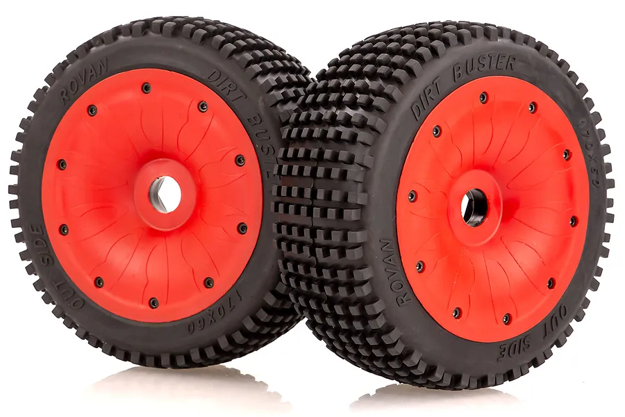 Rovan 4.7/5.5&amp;quot; V5 Front/Rear Dirt Buster Tyres on Red Dish Rims - Beadlocked Wheels 2Pcs image 35730