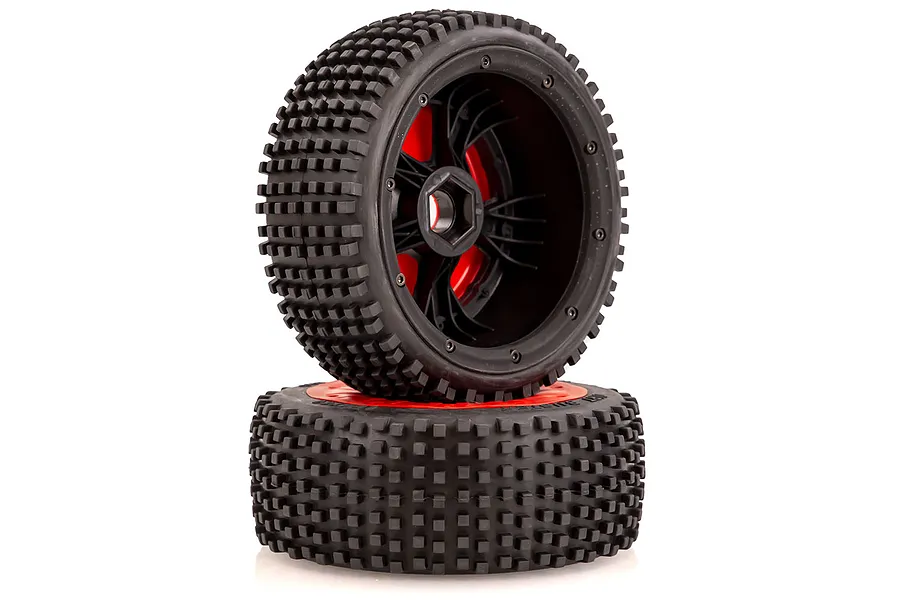 Rovan 4.7/5.5&amp;quot; V5 Front/Rear Dirt Buster Tyres on Red Dish Rims - Beadlocked Wheels 2Pcs image 35731