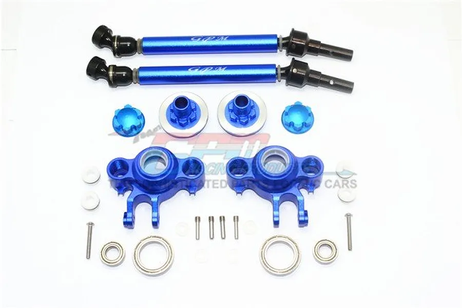 GPM Blue Aluminium E-Revo Brushless Front or Rear Axle Carriers &amp;amp; Drive Shaft Set image 35966