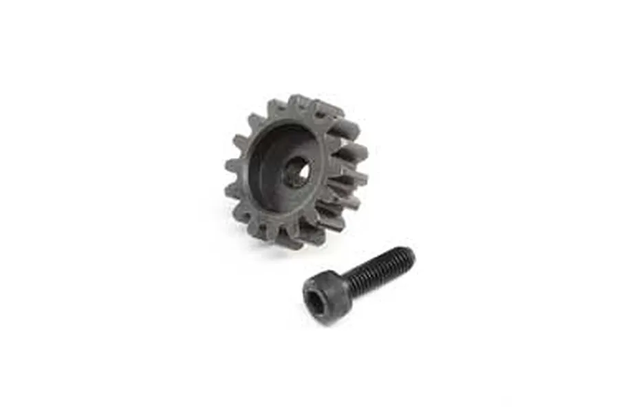 A Losi 16T 1.5Mod steel pinion gear and a black socket head screw on a white background.